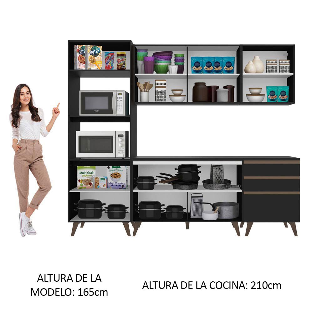 Cocina Integral Modular Reims Negro 250x210cm con Mesón de Madera Aglomerada Mdp sin Estufa con Tres Cajones y con Catorce Entrepaños - COCINAS | Bylmo