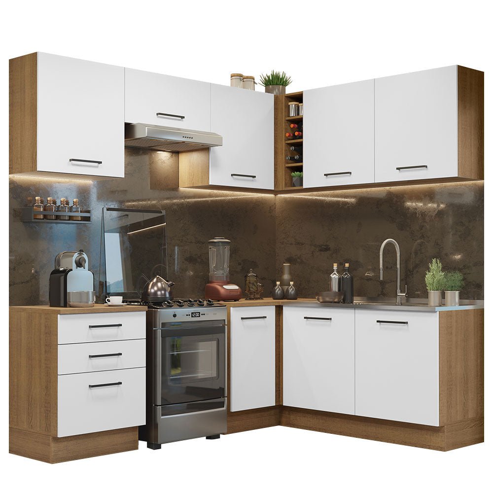 Cocina Integral Esquinero Modular Agata Marron y Blanco 399x225cm sin Mesón sin Estufa con Tres Cajones y con Dieciocho Entrepaños - COCINAS | Bylmo