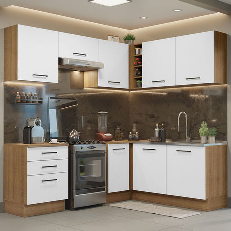 Cocina Integral Esquinero Modular Agata Marron y Blanco 399x225cm sin Mesón sin Estufa con Tres Cajones y con Dieciocho Entrepaños - COCINAS | Bylmo