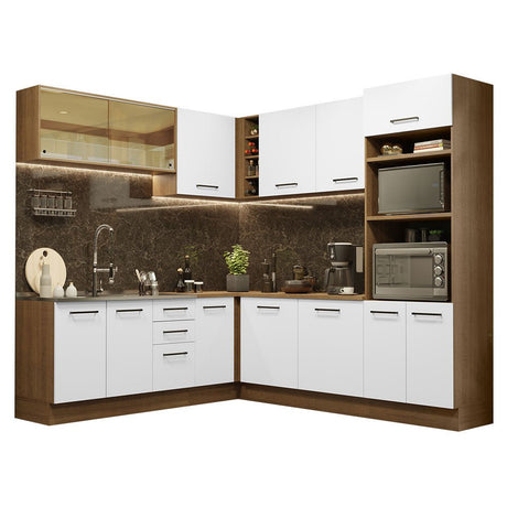 Cocina Integral Esquinero Modular Agata Marron y Blanco 459x225cm sin Mesón sin Estufa con Tres Cajones y con Veintisiete Entrepaños - COCINAS | Bylmo