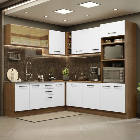 Cocina Integral Esquinero Modular Agata Marron y Blanco 459x225cm sin Mesón sin Estufa con Tres Cajones y con Veintisiete Entrepaños - COCINAS | Bylmo