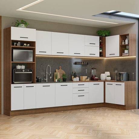 Cocina Integral Esquinero Modular Agata Marron y Blanco 499x225cm sin Mesón sin Estufa con Tres Cajones y con Treinta y uno Entrepaños - COCINAS | Bylmo