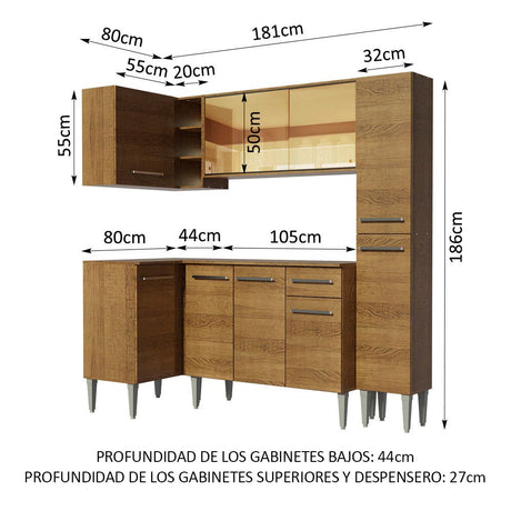 Cocina Integral Esquinero Modular Emilly River Marron 261x186cm con Mesón de Madera Aglomerada Mdp sin Estufa con Un Cajón y con Dieciséis Entrepaños - COCINAS | Bylmo
