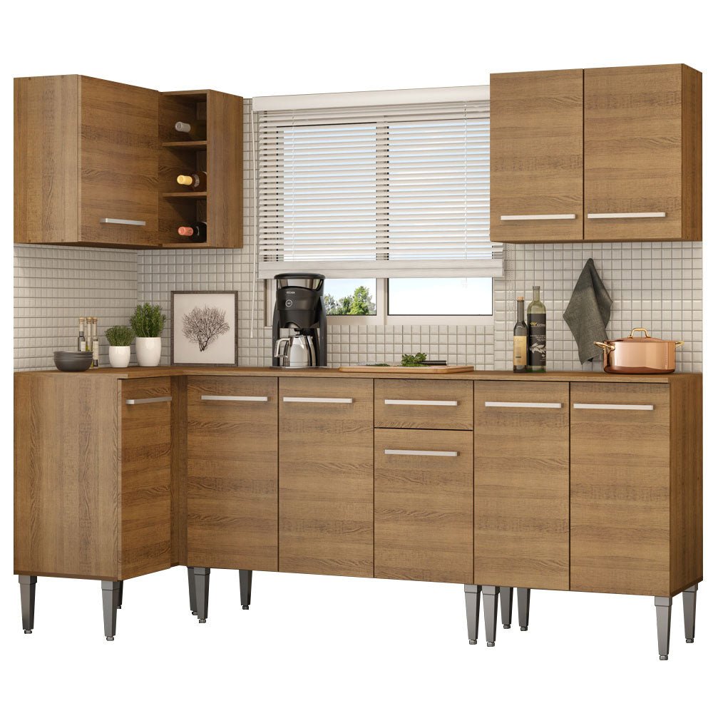 Cocina Integral Esquinero Modular Emilly Open Marron 293x186cm con Mesón de Madera Aglomerada Mdp sin Estufa con Un Cajón y con Catorce Entrepaños - COCINAS | Bylmo