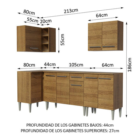 Cocina Integral Esquinero Modular Emilly Open Marron 293x186cm con Mesón de Madera Aglomerada Mdp sin Estufa con Un Cajón y con Catorce Entrepaños - COCINAS | Bylmo