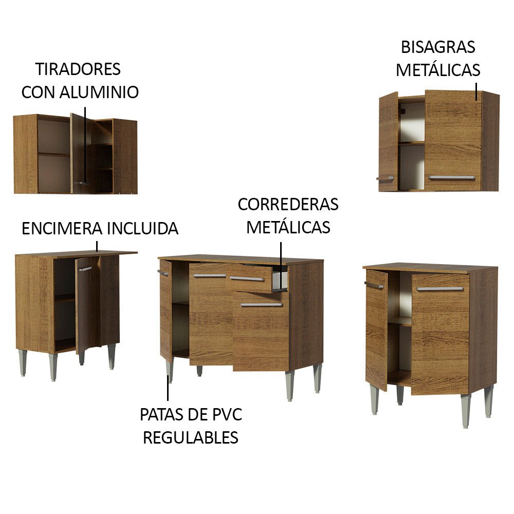 Cocina Integral Esquinero Modular Emilly Open Marron 293x186cm con Mesón de Madera Aglomerada Mdp sin Estufa con Un Cajón y con Catorce Entrepaños - COCINAS | Bylmo