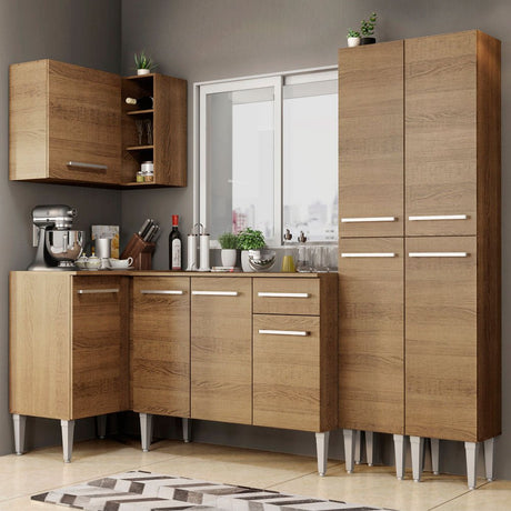Cocina Integral Esquinero Modular Emilly Music Marron 293x186cm con Mesón de Madera Aglomerada Mdp sin Estufa con Un Cajón y con Dieciocho Entrepaños - COCINAS | Bylmo