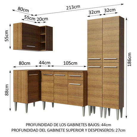 Cocina Integral Esquinero Modular Emilly Music Marron 293x186cm con Mesón de Madera Aglomerada Mdp sin Estufa con Un Cajón y con Dieciocho Entrepaños - COCINAS | Bylmo