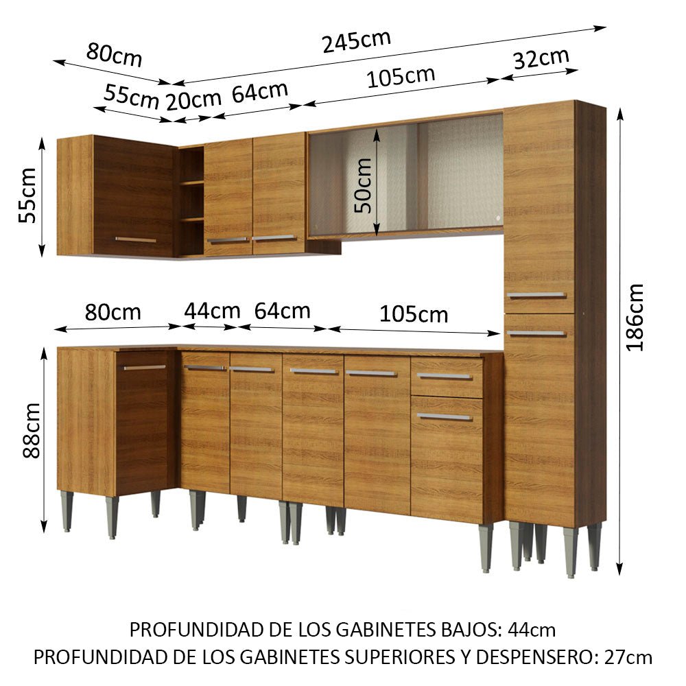 Cocina Integral Esquinero Modular Emilly Space Marron 325x186cm con Mesón de Madera Aglomerada Mdp sin Estufa con Un Cajón y con Veinte Entrepaños - COCINAS | Bylmo