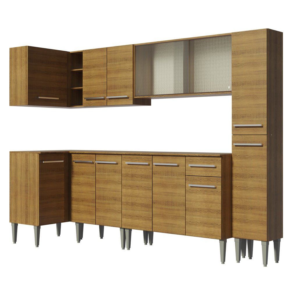 Cocina Integral Esquinero Modular Emilly Space Marron 325x186cm con Mesón de Madera Aglomerada Mdp sin Estufa con Un Cajón y con Veinte Entrepaños - COCINAS | Bylmo