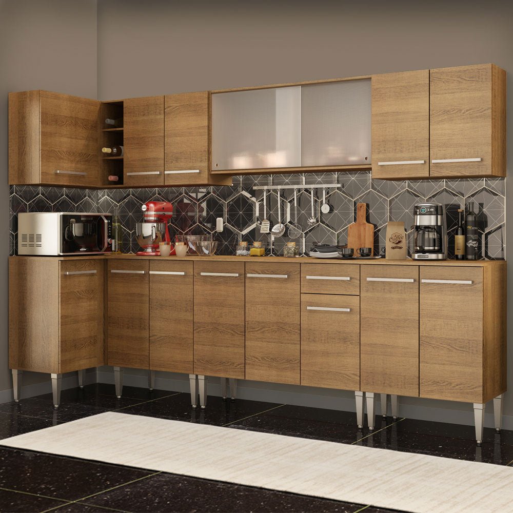 Cocina Integral Esquinero Modular Emilly Jazz Marron 357x186cm con Mesón de Madera Aglomerada Mdp sin Estufa con Un Cajón y con Veinte Entrepaños - COCINAS | Bylmo
