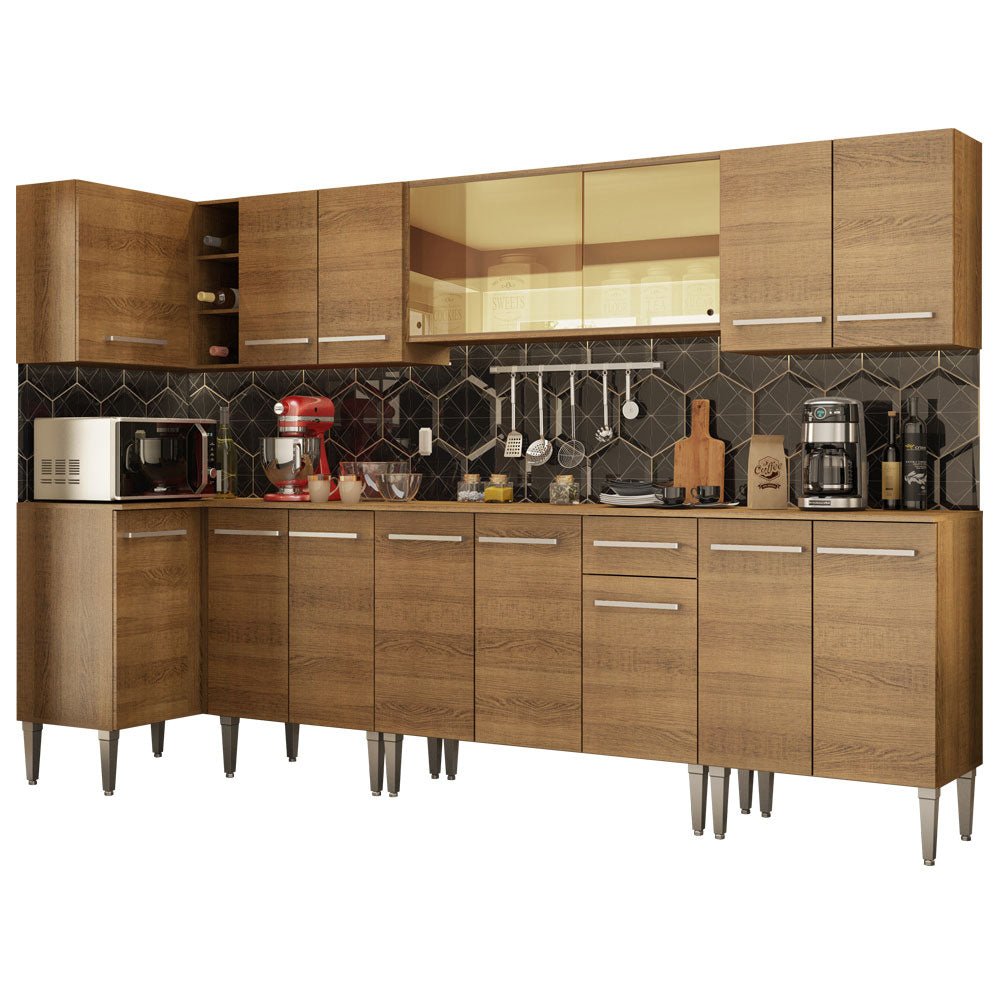 Cocina Integral Esquinero Modular Emilly Mega Marron 357x186cm con Mesón de Madera Aglomerada Mdp sin Estufa con Un Cajón y con Veinte Entrepaños - COCINAS | Bylmo