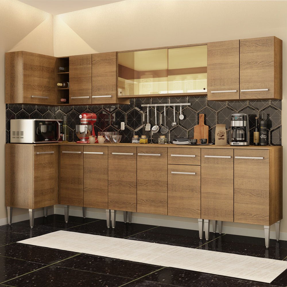 Cocina Integral Esquinero Modular Emilly Mega Marron 357x186cm con Mesón de Madera Aglomerada Mdp sin Estufa con Un Cajón y con Veinte Entrepaños - COCINAS | Bylmo