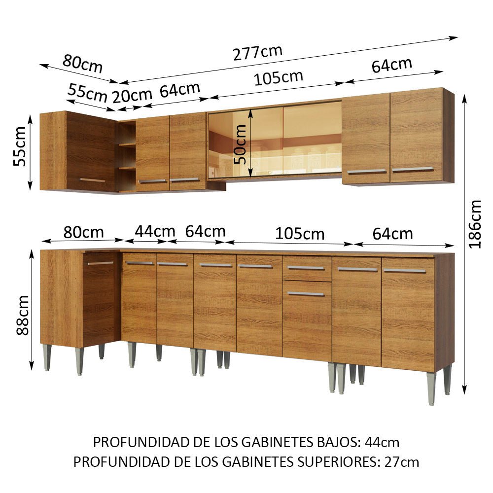 Cocina Integral Esquinero Modular Emilly Mega Marron 357x186cm con Mesón de Madera Aglomerada Mdp sin Estufa con Un Cajón y con Veinte Entrepaños - COCINAS | Bylmo