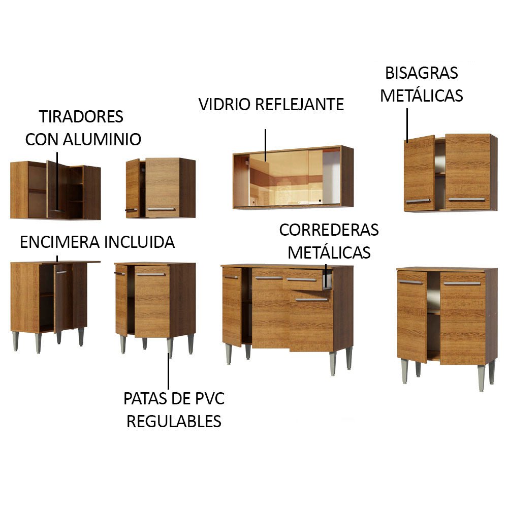 Cocina Integral Esquinero Modular Emilly Mega Marron 357x186cm con Mesón de Madera Aglomerada Mdp sin Estufa con Un Cajón y con Veinte Entrepaños - COCINAS | Bylmo