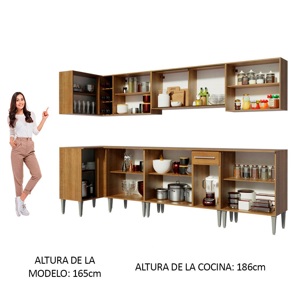 Cocina Integral Esquinero Modular Emilly Mega Marron 357x186cm con Mesón de Madera Aglomerada Mdp sin Estufa con Un Cajón y con Veinte Entrepaños - COCINAS | Bylmo