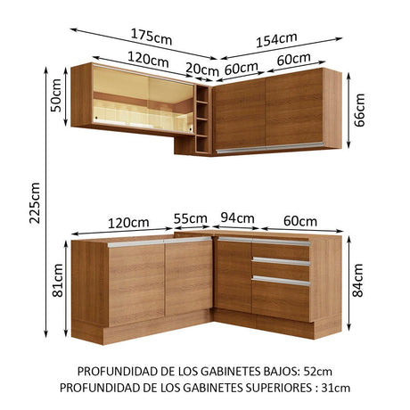 Cocina Integral Esquinero Modular Glamy Marron 329x225cm sin Mesón sin Estufa con Tres Cajones y con Diecisiete Entrepaños - COCINAS | Bylmo
