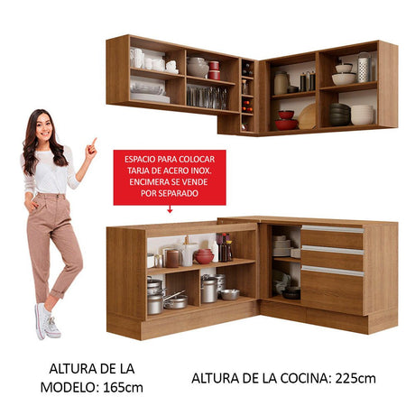 Cocina Integral Esquinero Modular Glamy Marron 329x225cm sin Mesón sin Estufa con Tres Cajones y con Diecisiete Entrepaños - COCINAS | Bylmo