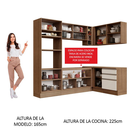 Cocina Integral Esquinero Modular Glamy Marron y Blanco 399x225cm sin Mesón sin Estufa con Tres Cajones y con Veintitrés Entrepaños - COCINAS | Bylmo