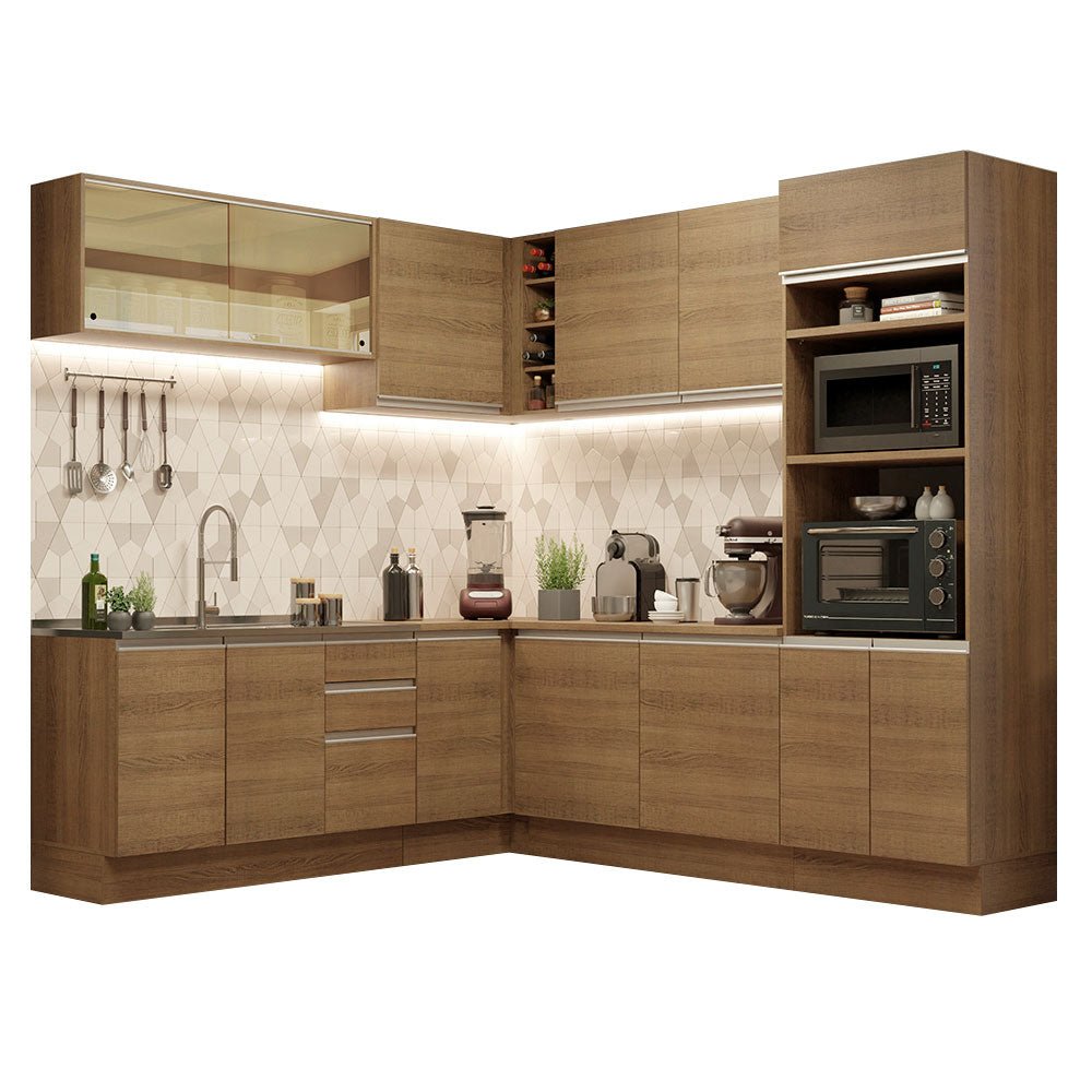 Cocina Integral Esquinero Modular Glamy Marron 459x225cm sin Mesón sin Estufa con Tres Cajones y con Veintisiete Entrepaños - COCINAS | Bylmo