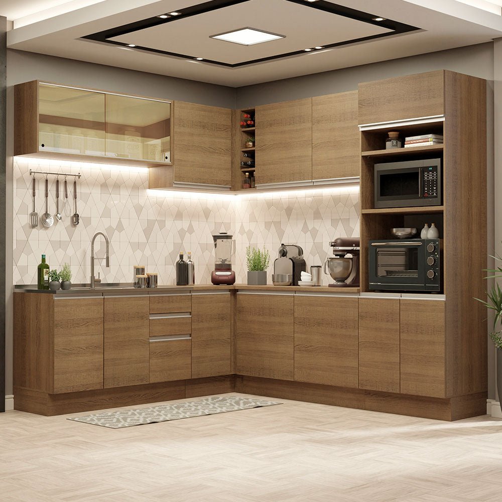 Cocina Integral Esquinero Modular Glamy Marron 459x225cm sin Mesón sin Estufa con Tres Cajones y con Veintisiete Entrepaños - COCINAS | Bylmo