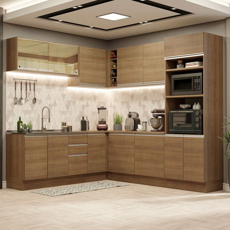 Cocina Integral Esquinero Modular Glamy Marron 459x225cm sin Mesón sin Estufa con Tres Cajones y con Veintisiete Entrepaños - COCINAS | Bylmo