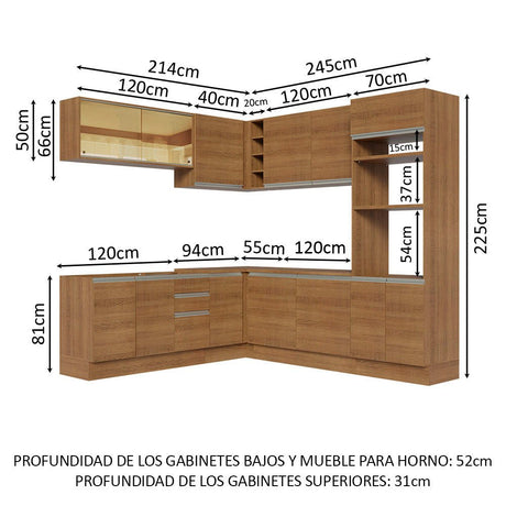 Cocina Integral Esquinero Modular Glamy Marron 459x225cm sin Mesón sin Estufa con Tres Cajones y con Veintisiete Entrepaños - COCINAS | Bylmo