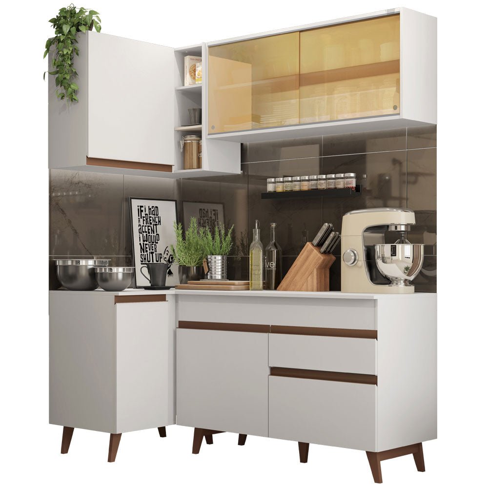 Cocina Integral Esquinero Modular Reims Blanco 262x210cm con Mesón de Madera Aglomerada Mdp sin Estufa con Un Cajón y con Trece Entrepaños - COCINAS | Bylmo