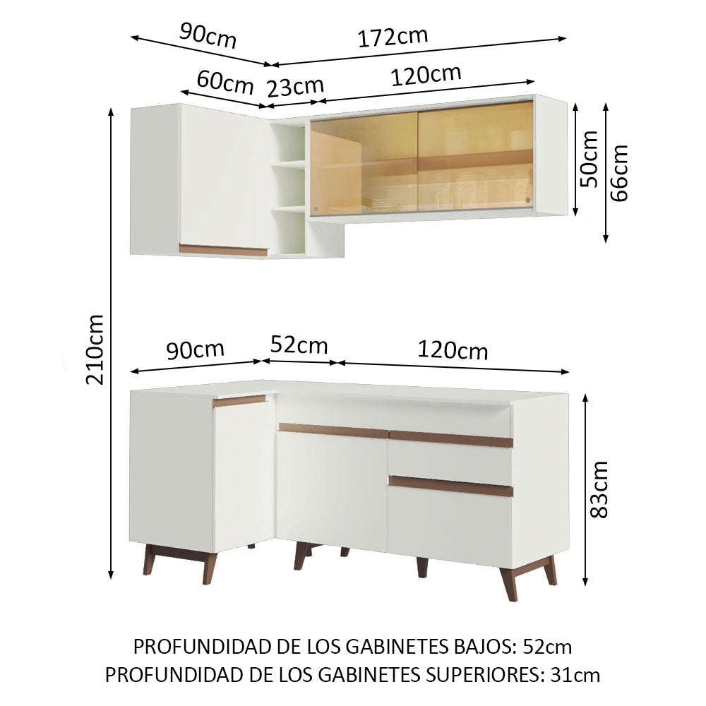 Cocina Integral Esquinero Modular Reims Blanco 262x210cm con Mesón de Madera Aglomerada Mdp sin Estufa con Un Cajón y con Trece Entrepaños - COCINAS | Bylmo
