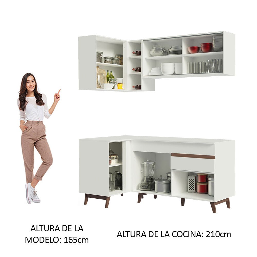 Cocina Integral Esquinero Modular Reims Blanco 262x210cm con Mesón de Madera Aglomerada Mdp sin Estufa con Un Cajón y con Trece Entrepaños - COCINAS | Bylmo