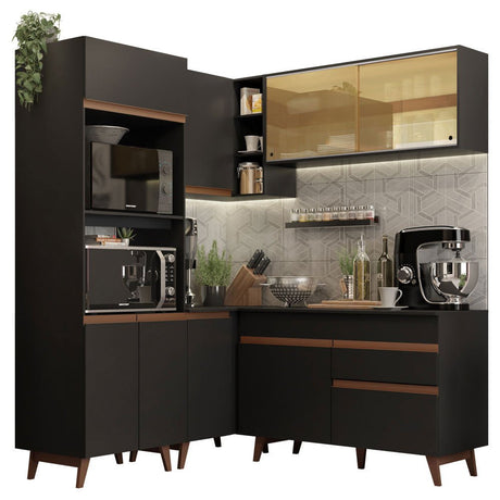 Cocina Integral Esquinero Modular Reims Negro 332x210cm con Mesón de Madera Aglomerada Mdp sin Estufa con Un Cajón y con Quince Entrepaños - COCINAS | Bylmo