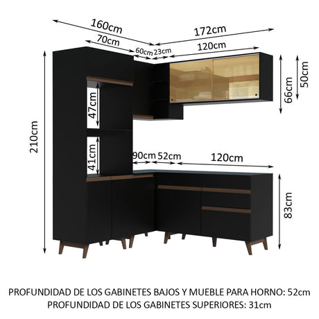 Cocina Integral Esquinero Modular Reims Negro 332x210cm con Mesón de Madera Aglomerada Mdp sin Estufa con Un Cajón y con Quince Entrepaños - COCINAS | Bylmo