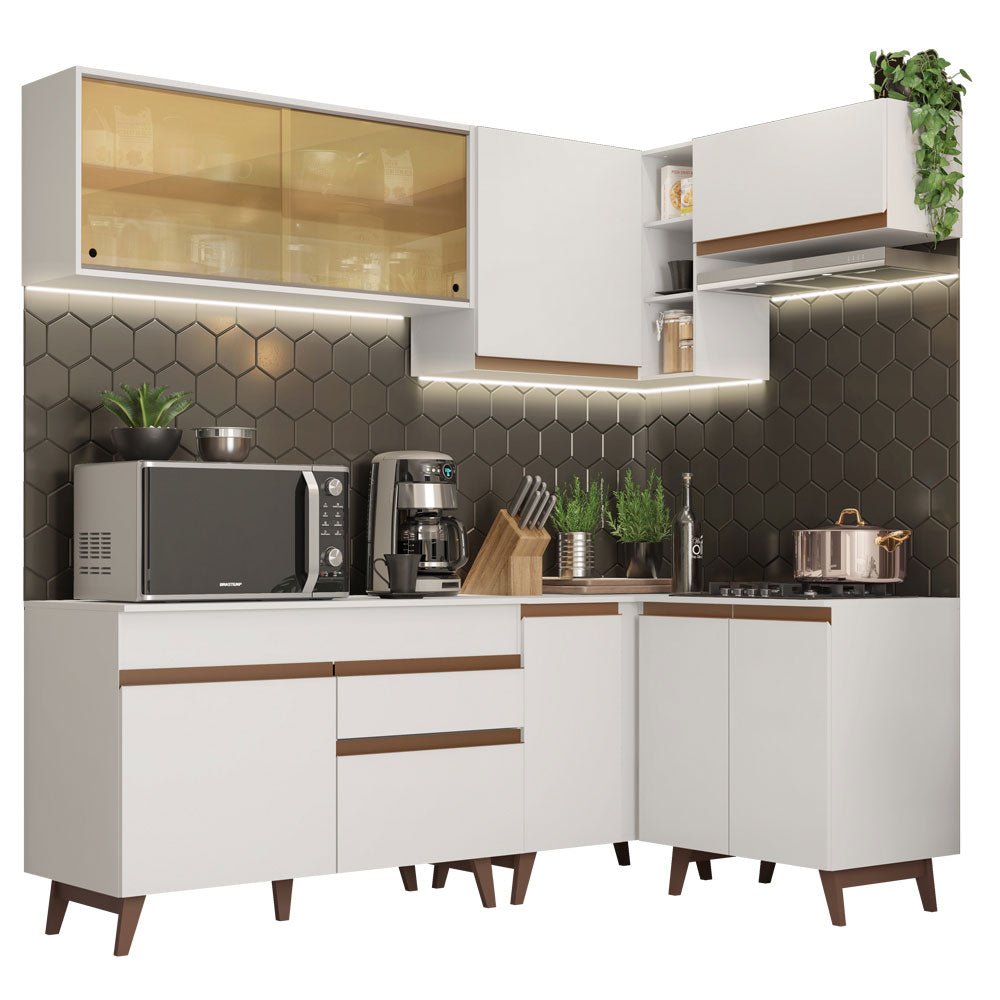 Cocina Integral Esquinero Modular Reims Blanco 332x210cm con Mesón de Madera Aglomerada Mdp sin Estufa con Un Cajón y con Dieciséis Entrepaños - COCINAS | Bylmo