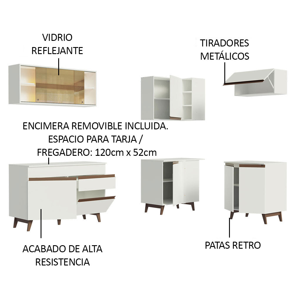 Cocina Integral Esquinero Modular Reims Blanco 332x210cm con Mesón de Madera Aglomerada Mdp sin Estufa con Un Cajón y con Dieciséis Entrepaños - COCINAS | Bylmo