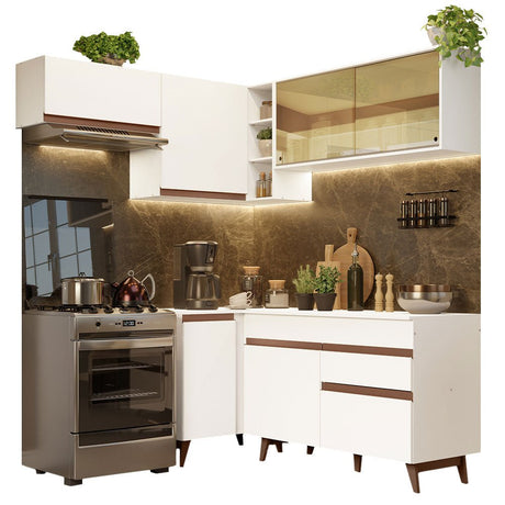 Cocina Integral Esquinero Modular Reims Blanco 332x210cm con Mesón de Madera Aglomerada Mdp sin Estufa con Un Cajón y con Catorce Entrepaños - COCINAS | Bylmo