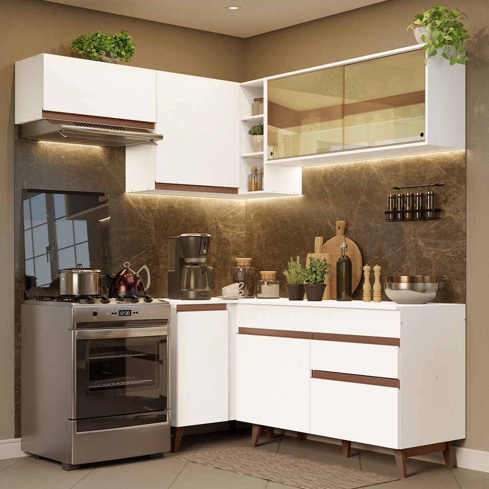Cocina Integral Esquinero Modular Reims Blanco 332x210cm con Mesón de Madera Aglomerada Mdp sin Estufa con Un Cajón y con Catorce Entrepaños - COCINAS | Bylmo