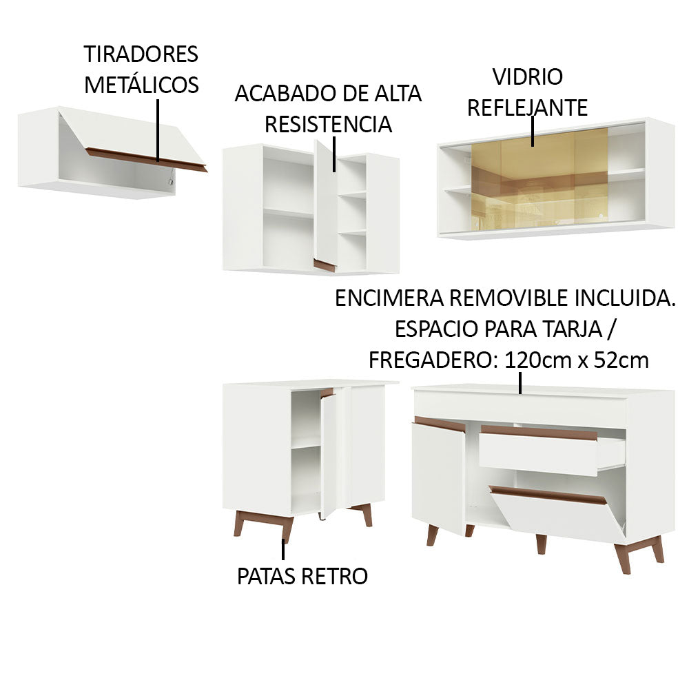 Cocina Integral Esquinero Modular Reims Blanco 332x210cm con Mesón de Madera Aglomerada Mdp sin Estufa con Un Cajón y con Catorce Entrepaños - COCINAS | Bylmo