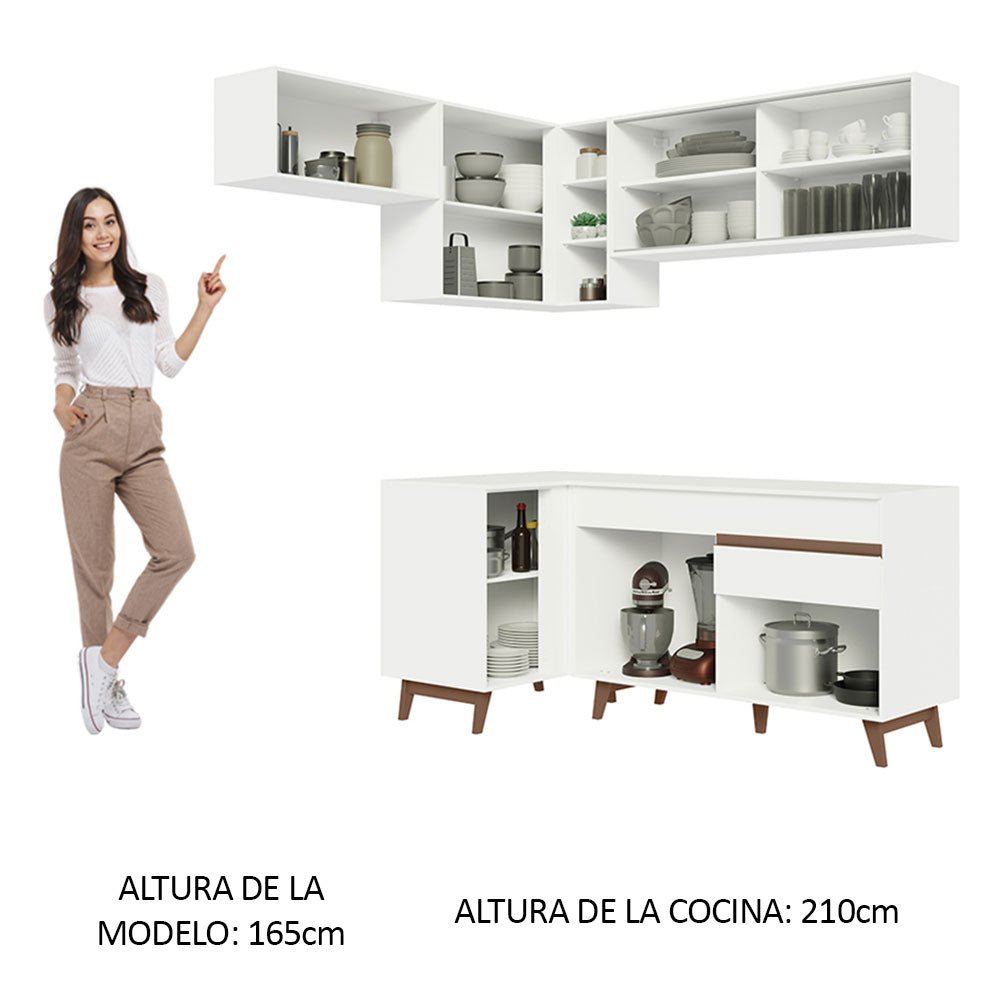 Cocina Integral Esquinero Modular Reims Blanco 332x210cm con Mesón de Madera Aglomerada Mdp sin Estufa con Un Cajón y con Catorce Entrepaños - COCINAS | Bylmo