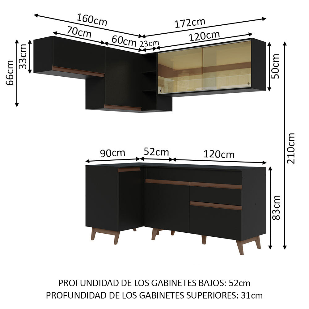 Cocina Integral Esquinero Modular Reims Negro 332x210cm con Mesón de Madera Aglomerada Mdp sin Estufa con Un Cajón y con Catorce Entrepaños - COCINAS | Bylmo