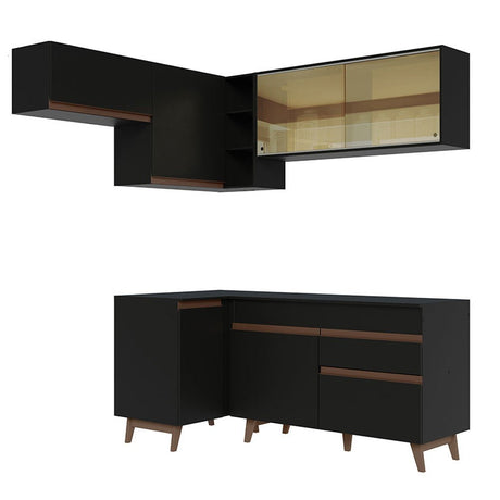 Cocina Integral Esquinero Modular Reims Negro 332x210cm con Mesón de Madera Aglomerada Mdp sin Estufa con Un Cajón y con Catorce Entrepaños - COCINAS | Bylmo