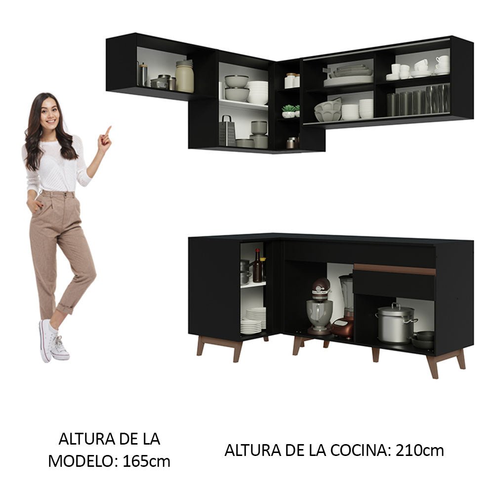 Cocina Integral Esquinero Modular Reims Negro 332x210cm con Mesón de Madera Aglomerada Mdp sin Estufa con Un Cajón y con Catorce Entrepaños - COCINAS | Bylmo