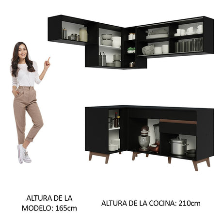 Cocina Integral Esquinero Modular Reims Negro 332x210cm con Mesón de Madera Aglomerada Mdp sin Estufa con Un Cajón y con Catorce Entrepaños - COCINAS | Bylmo