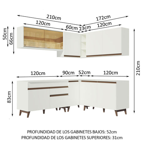 Cocina Integral Esquinero Modular Reims Blanco 382x210cm con Mesón de Madera Aglomerada Mdp sin Estufa con Un Cajón y con Veinte Entrepaños - COCINAS | Bylmo