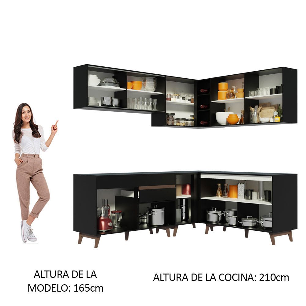 Cocina Integral Esquinero Modular Reims Negro 382x210cm con Mesón de Madera Aglomerada Mdp sin Estufa con Un Cajón y con Veinte Entrepaños - COCINAS | Bylmo