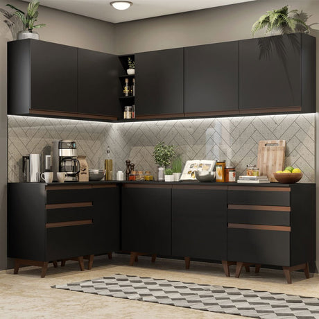 Cocina Integral Esquinero Modular Reims Negro 382x210cm con Mesón de Madera Aglomerada Mdp sin Estufa con Seis Cajones y con Dieciocho Entrepaños - COCINAS | Bylmo