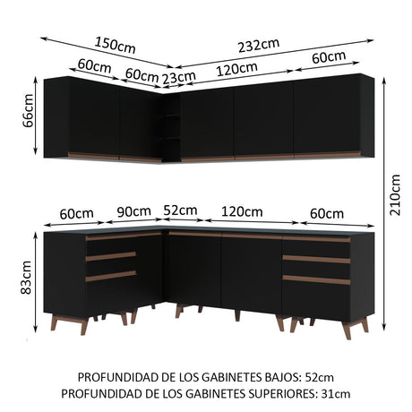 Cocina Integral Esquinero Modular Reims Negro 382x210cm con Mesón de Madera Aglomerada Mdp sin Estufa con Seis Cajones y con Dieciocho Entrepaños - COCINAS | Bylmo