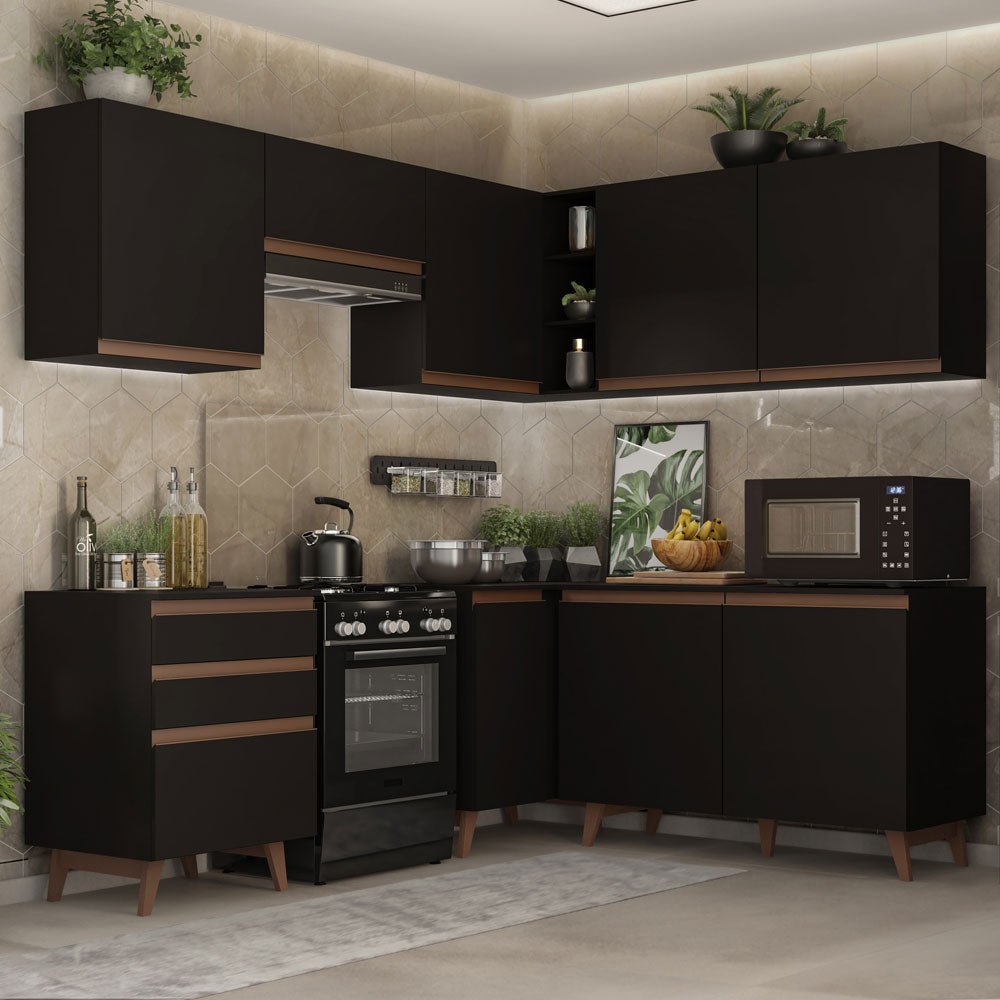 Cocina Integral Esquinero Modular Reims Negro 392x210cm con Mesón de Madera Aglomerada Mdp sin Estufa con Tres Cajones y con Diecisiete Entrepaños - COCINAS | Bylmo