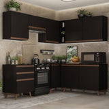 Cocina Integral Esquinero Modular Reims Negro 392x210cm con Mesón de Madera Aglomerada Mdp sin Estufa con Tres Cajones y con Diecisiete Entrepaños - COCINAS | Bylmo