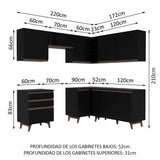 Cocina Integral Esquinero Modular Reims Negro 392x210cm con Mesón de Madera Aglomerada Mdp sin Estufa con Tres Cajones y con Diecisiete Entrepaños - COCINAS | Bylmo