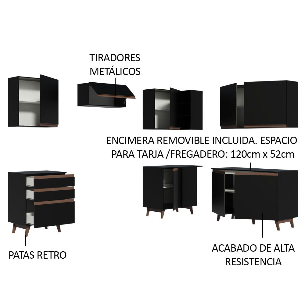 Cocina Integral Esquinero Modular Reims Negro 392x210cm con Mesón de Madera Aglomerada Mdp sin Estufa con Tres Cajones y con Diecisiete Entrepaños - COCINAS | Bylmo